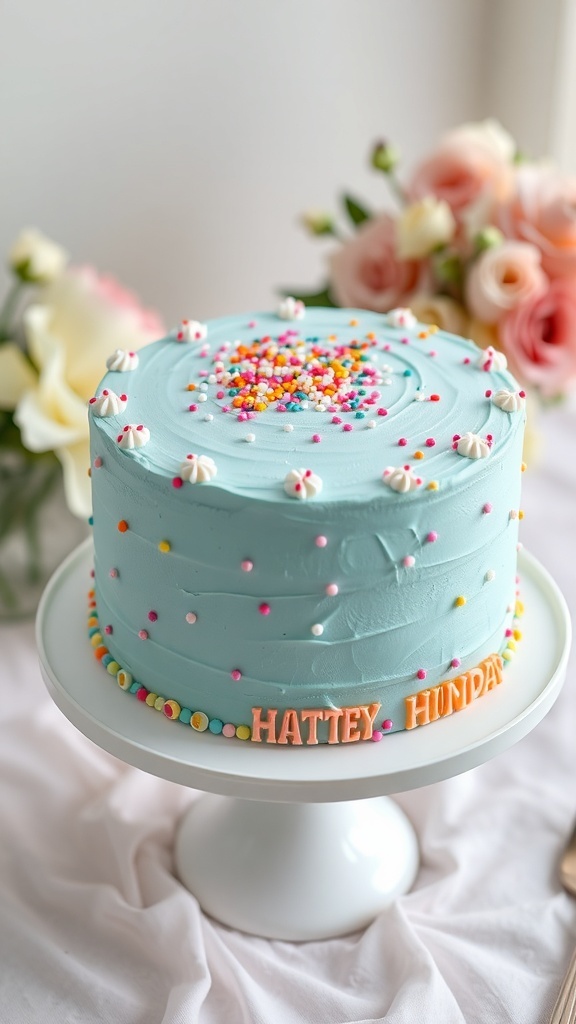 A stunning duck egg blue cake with buttercream frosting and sprinkles on a white cake stand.